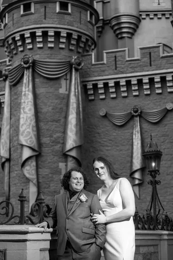A black and white photo of Alexis and Christian